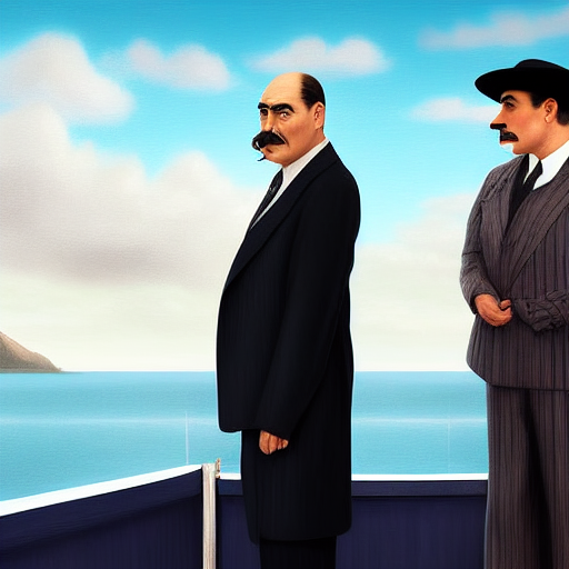 Poirot and his companion standing on the deck of a ferry, looking back at the island as it disappears into the distance, with a sense of closure and relief.